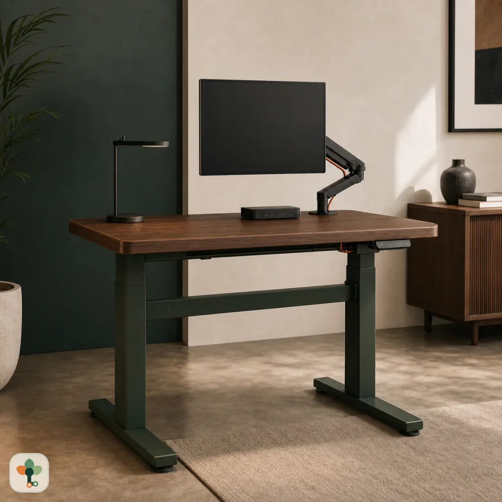 Compact SSDesk Studio electric standing desk with a walnut top and forest-green frame