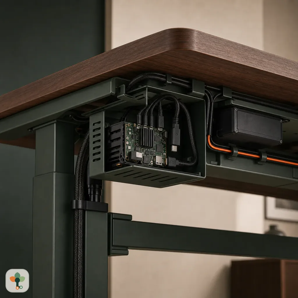 Compact controller board mounted in a ventilated enclosure below an SSDesk worktop